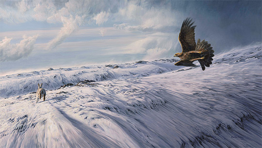 Hunting Golden Eagle - Oil painting of an eagle chasing a mountain hare across snow.